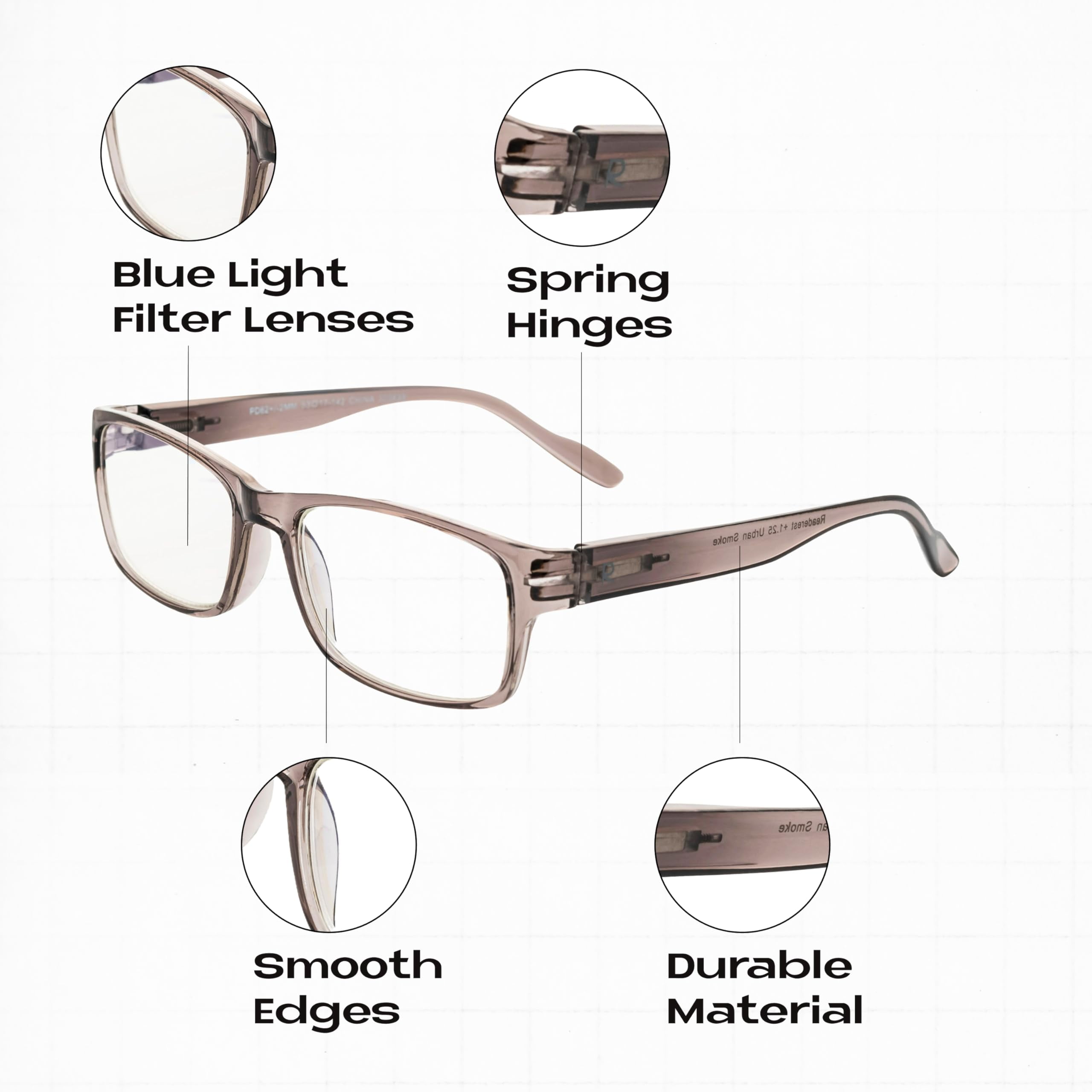 Readerest Blue Light Blocking Reading Glasses, UV Protection, Spring Hinges (Charcoal, 0.00) Computer Eyeglasses With Thin Reflective Lens, Antiglare, Eye Strain, Stylish For Men And Women