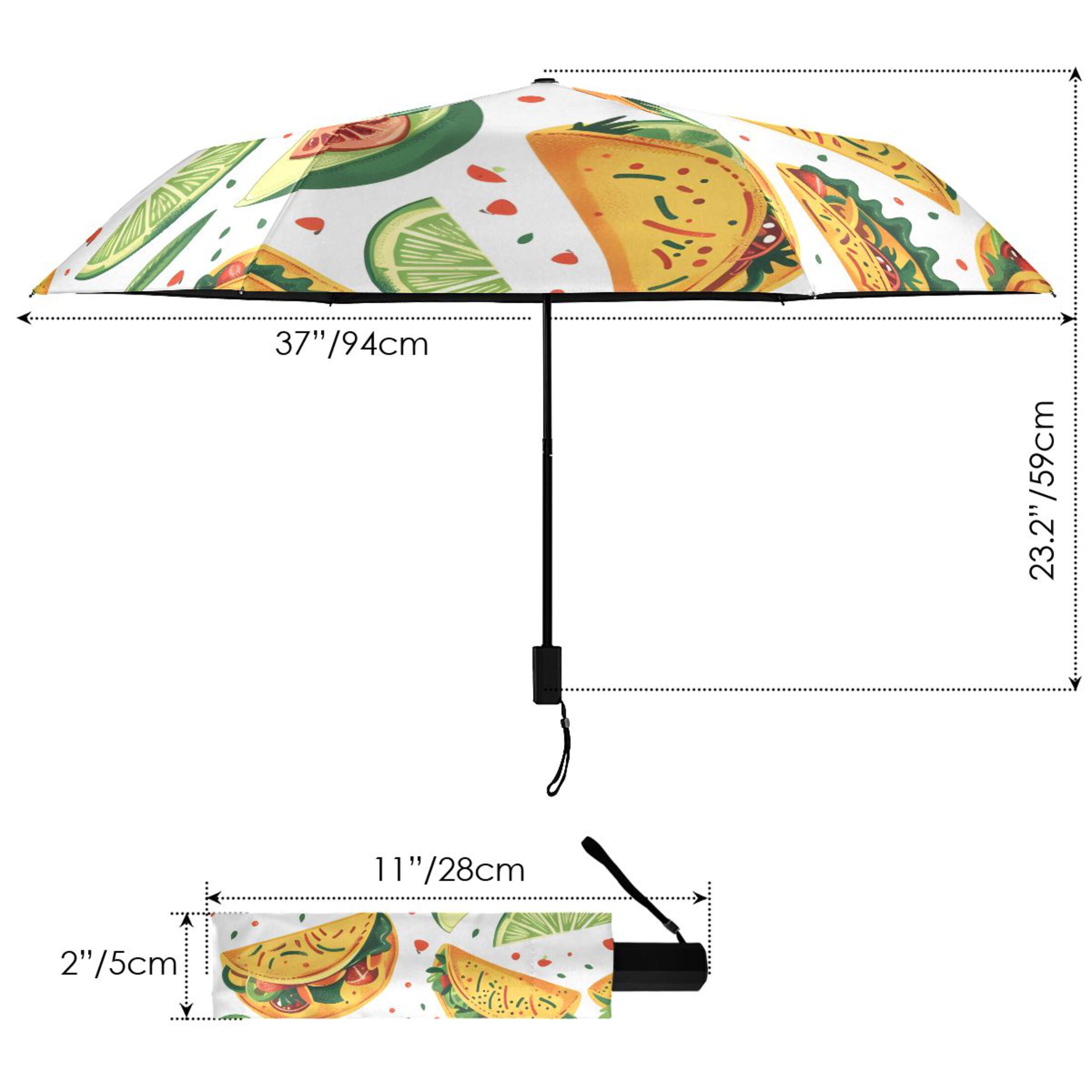Mexico Food Tacos Chili Lemons All Weather Umbrella Triple Folding Parasol 6 Ribs UV Protection Portable