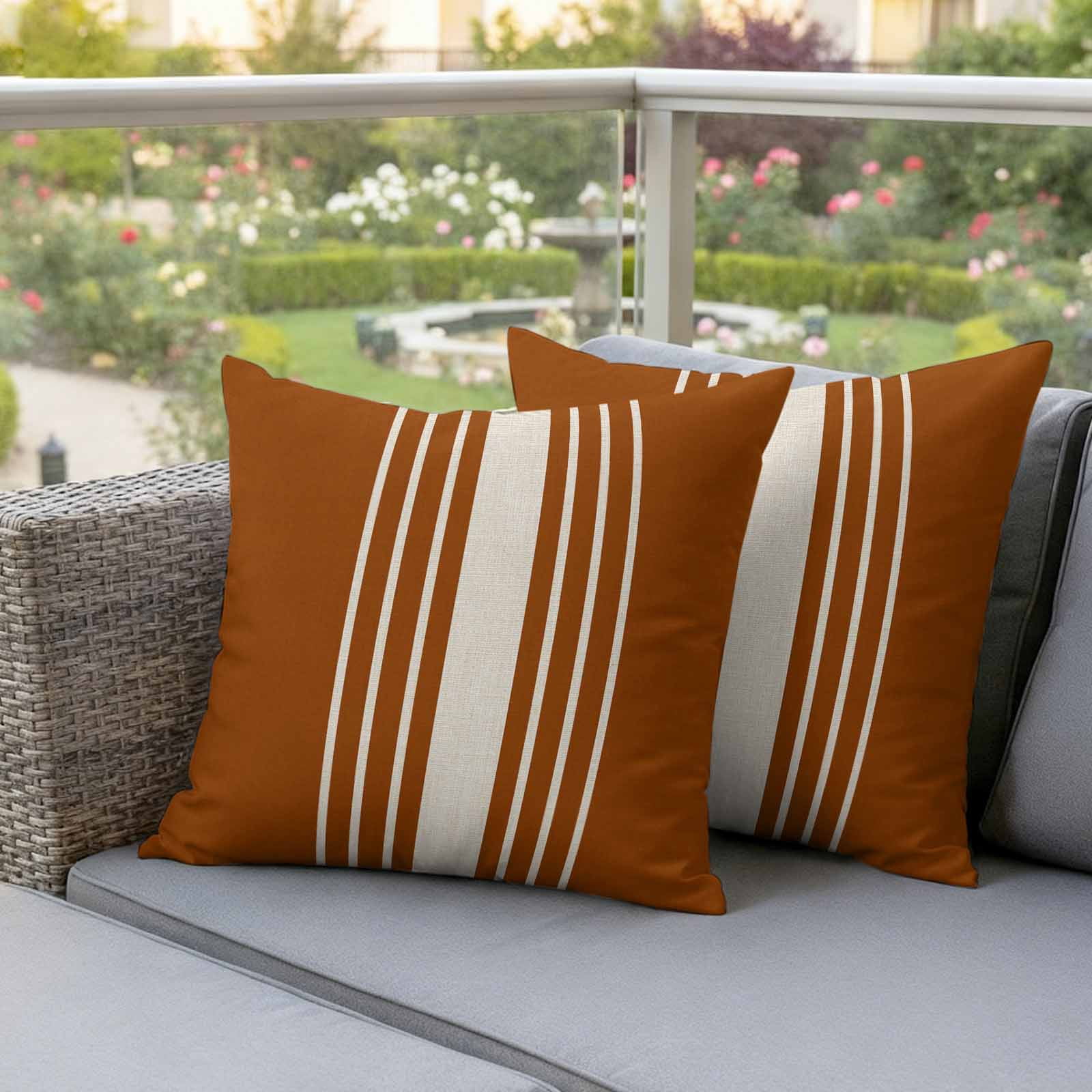 Burnt Orange Beige Striped Outdoor Waterproof Pillow Covers, Modern Farmhouse Retro Lines Decorative Square Throw Pillowcase Sofa Cushion Sham for Patio/Couch/Chair, 20"x20" 2 Pack