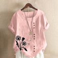 thumbnail image 2 of CHOK Plus Size Tops for Women Casual Cotton and Linen Solid Color Embroidered Floral Printing Blouses Round-Neck Short Sleeve Loose Fit Summer Tops with Buttons, 2 of 3