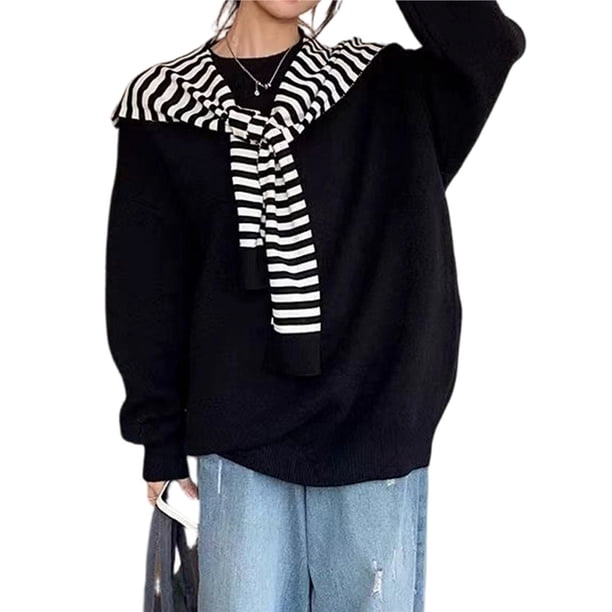 Suéteres de Cuello Redondo para Mujer, Larga, Holgados, Informales, para Otoño Negro Talla Única