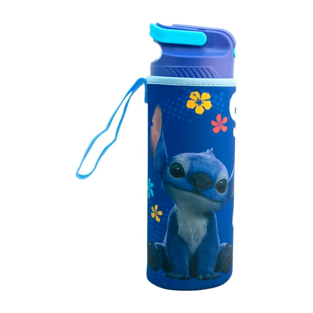 Botella Plástico con Funda Neopreno, Diseño Stitch Live Action, Botella Con Funda y Tapa Push-Up, Capacidad 600 ml, Color Azul