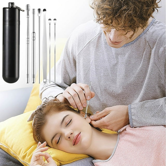 Juego de 6 piezas de acero inoxidable para limpiar oídos: limpiador de oídos portátil con resorte y cepillo para película protectora de vidrio.