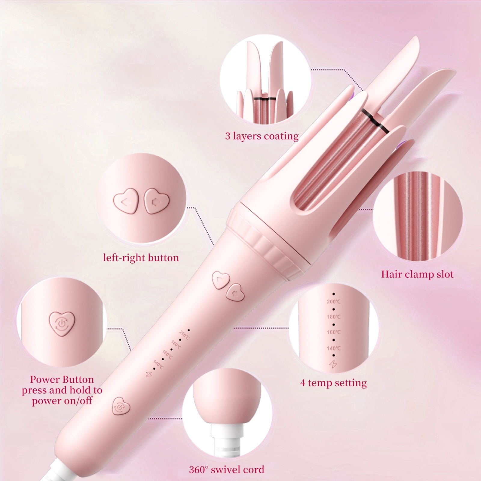 Automatic Rotating Curler Beach Waves Hair Curling Iron, 1.25 Inch Ceramic Coated, 500M Ionic, Dual Voltage, Lightweight, Pink