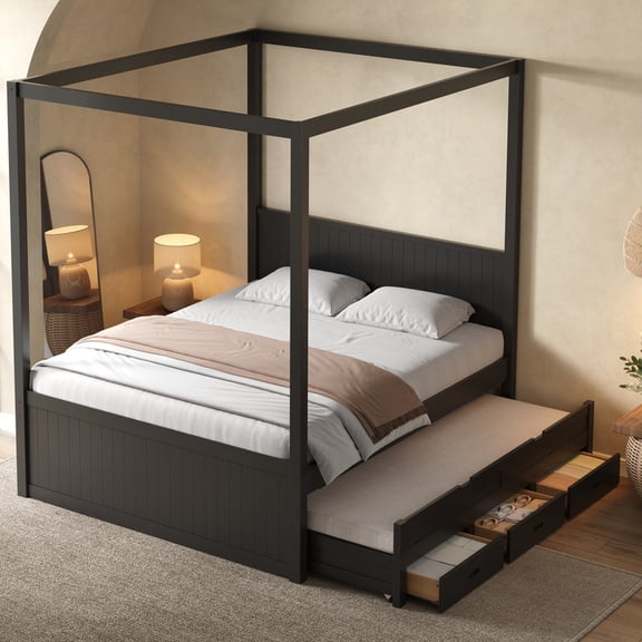 Euroco Wood Queen Size Canopy Platform Bed with Twin Trundle and Drawers, Black