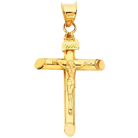 Solid 14k Yellow Gold Tubular Cross Charm Catholic Crucifix Pendant 25mm X 17mm