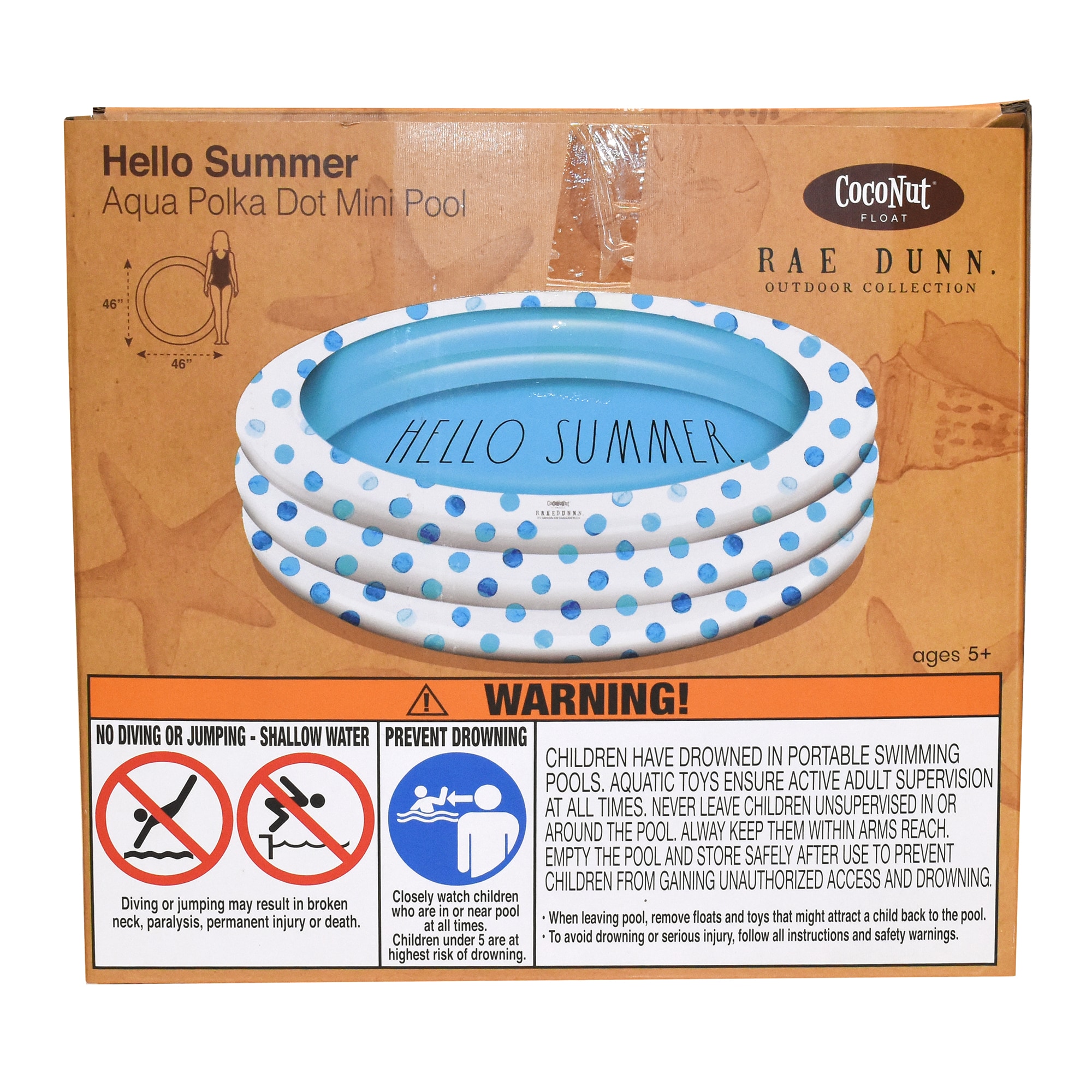 Rae Dunn: Hello Summer Aqua Poka Dots -46" Mini Pool, CocoNut Float, Outdoor Inflatable Water Kiddie Pool, Kids Ages 5+