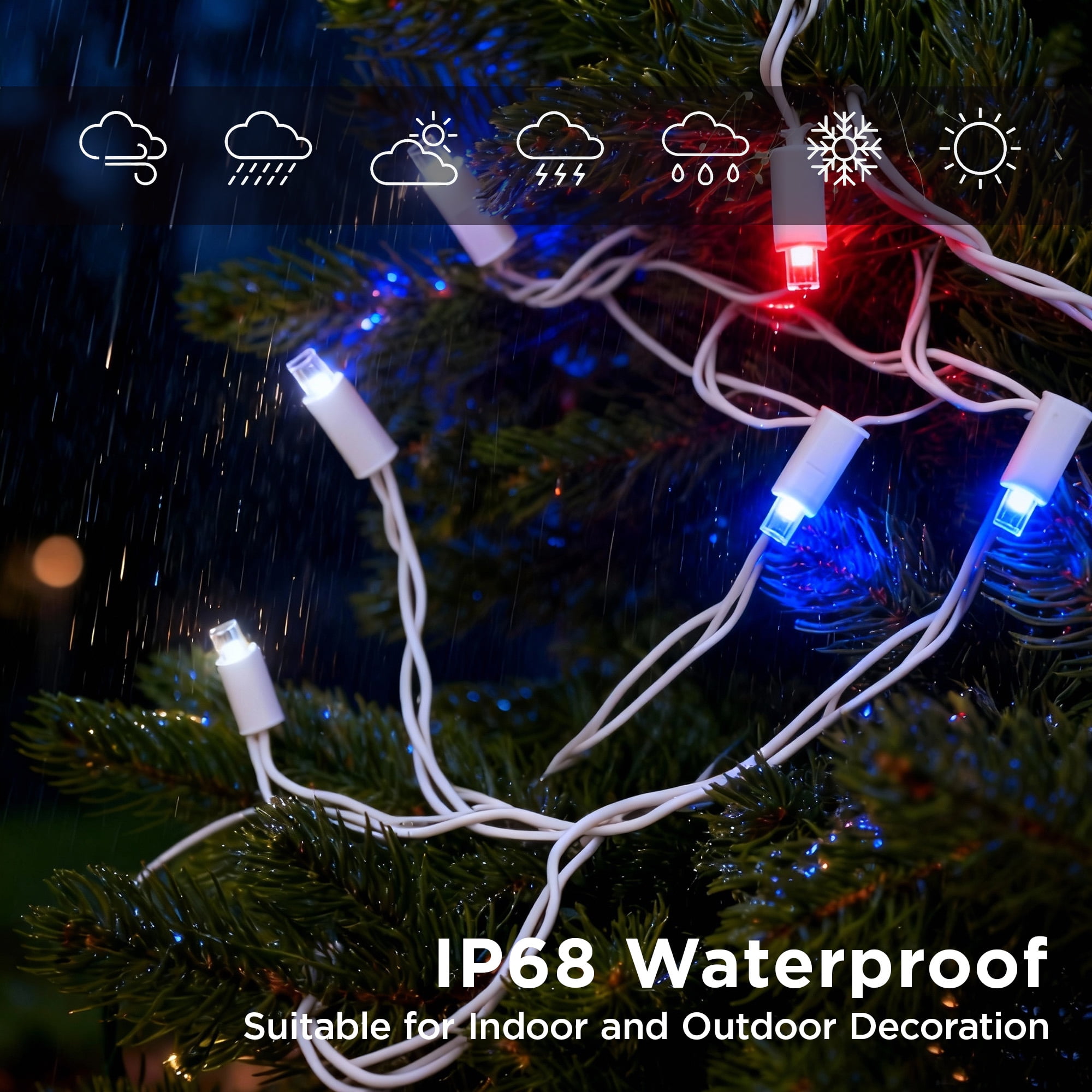 Beatineon 100LED Red White Blue String Lights IP68 Waterproof for 4th of July Outdoor Decor,25ft Patriotic Min Light, Plug in