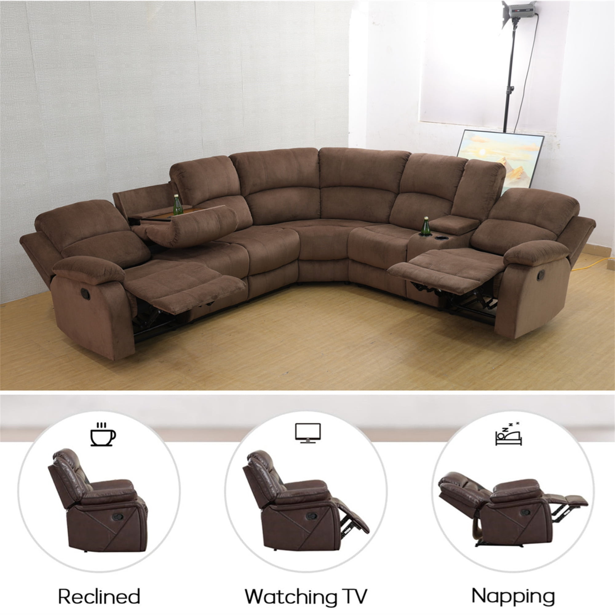Aukfa 3-Piece Recliner Sofa Set, 6 Seat Sectional Couch with Cup Holders&Storage Console for Living Room, Brown