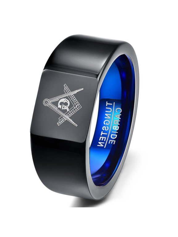 Men's Black Blue Freemason Symbol Ring Masonic Tungsten Carbide Square Ring Size 7-12