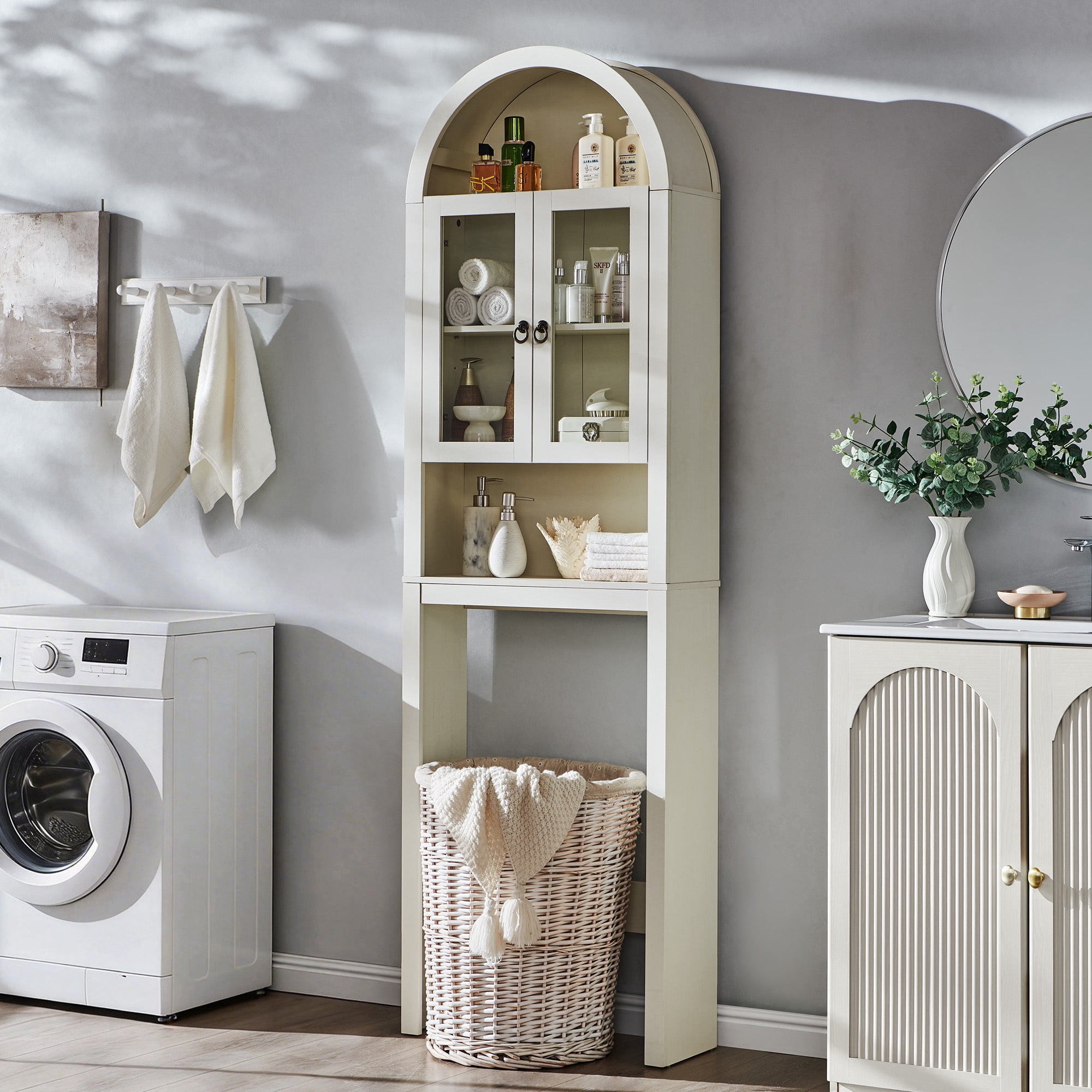 SinCiDo Arched Over The Toilet Storage Cabinet, Modern Bathroom Shelf Over Toilet with Acrylic Doors, Wooden Bathroom Space Saver Organizer above Toilet with Adjustable Shelf