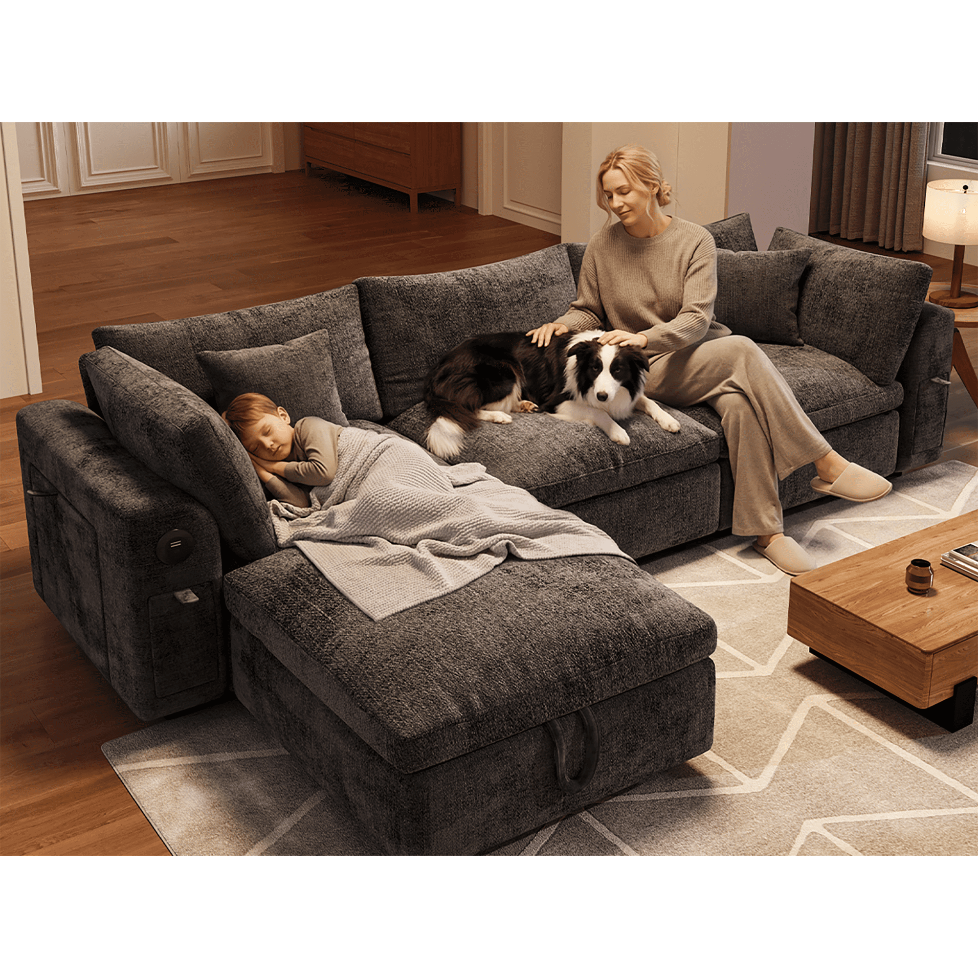 BINBANK Luxurious Cloud Modular Sectional Sofa, Modern Chenille Couch L-Shaped with Storage Ottoman, USB Type-C Ports & Cup Holders for Living Room