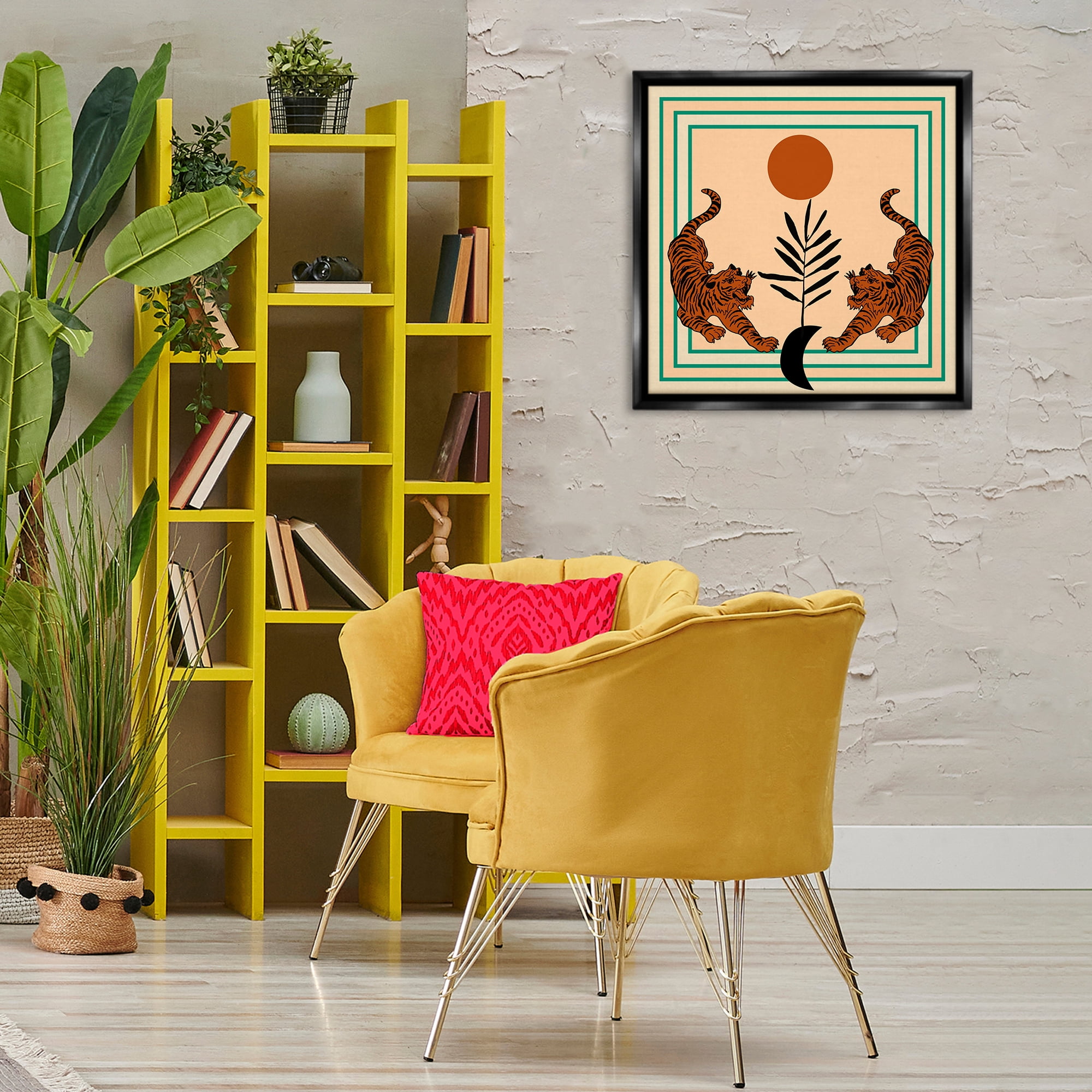 Stupell Industries Symmetrical Tropical Tigers Animals Painting Black Floater Framed Canvas Art Print Wall Art, 25 x 25
