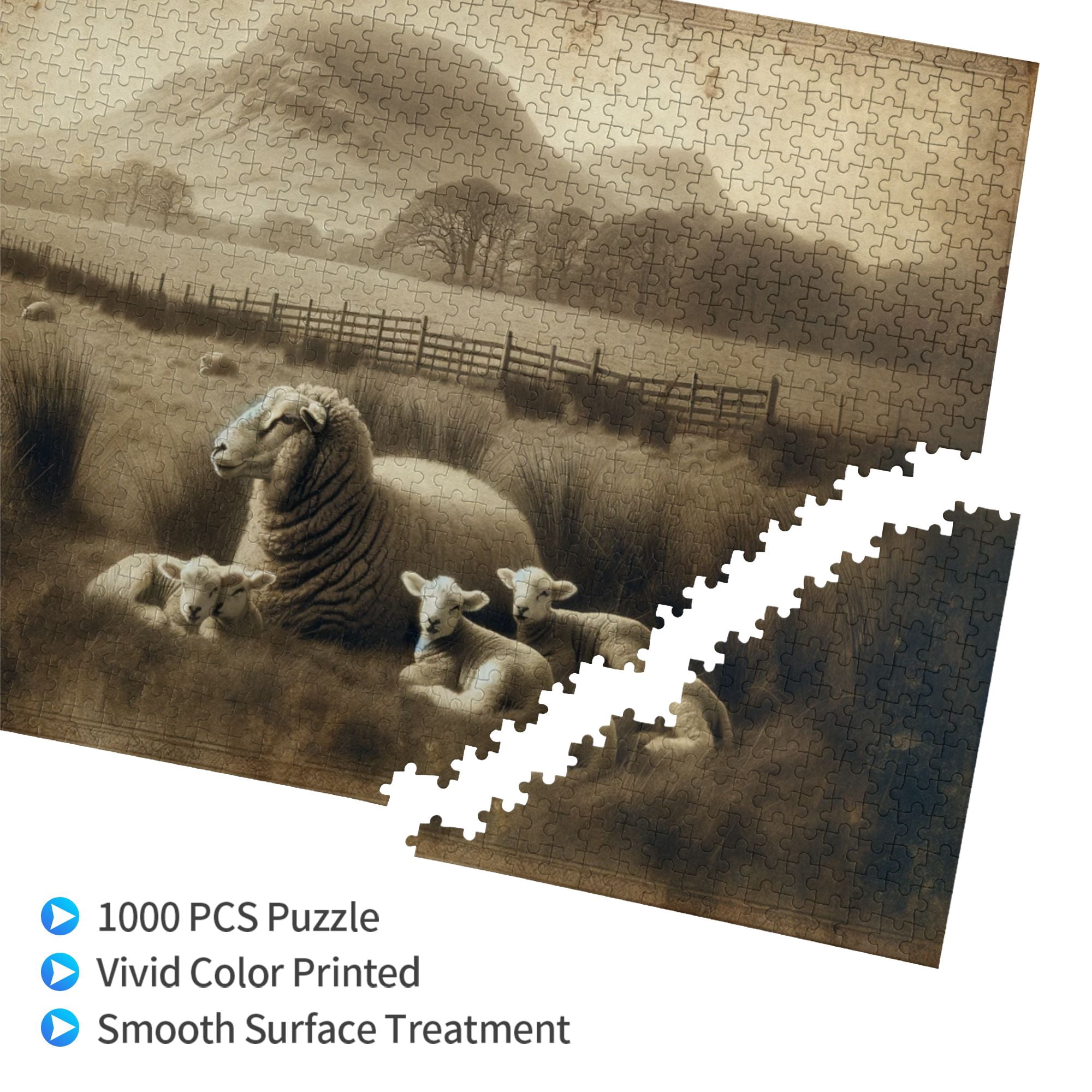 1000 PCS Rustic Serenity Sheep - 1000 Piece Animal Jigsaw Puzzles,Vintage Style Animal Wooden Puzzle As Home Wall Decor,Ideal For Relaxation And Family Fun,Adults Puzzle