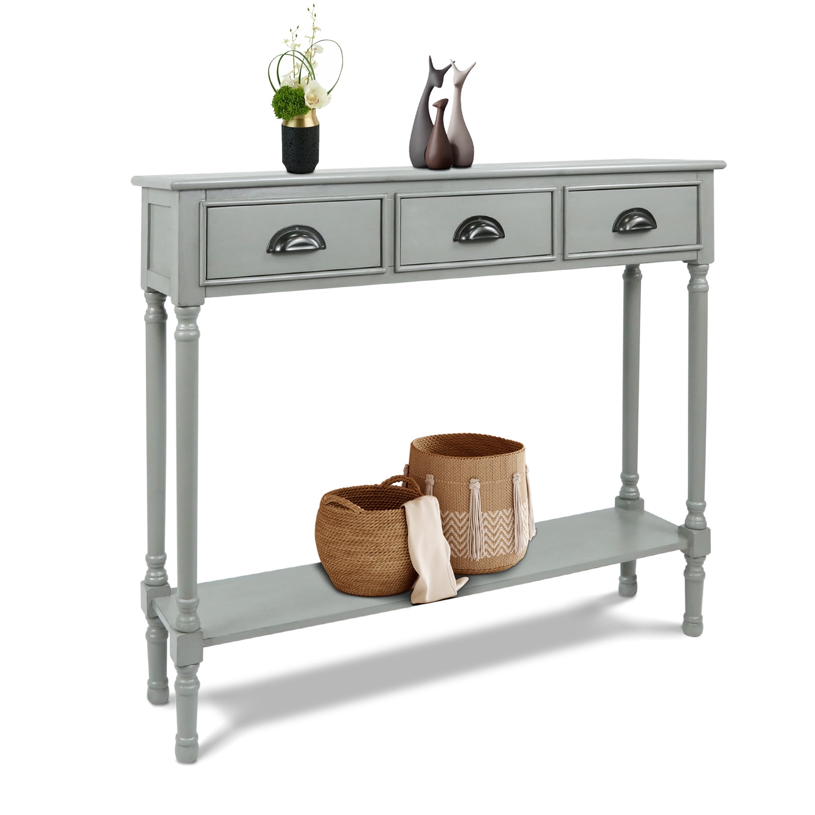 Urbanest Burlington Solid Wood Console Table with 3 Drawers & Lower Shelf – Entryway Table, Hallway Sofa Table, Narrow Accent Table for Living Room – 39.5″ × 9.5″ × 32″ – Vendee Gray Farmhouse Decor