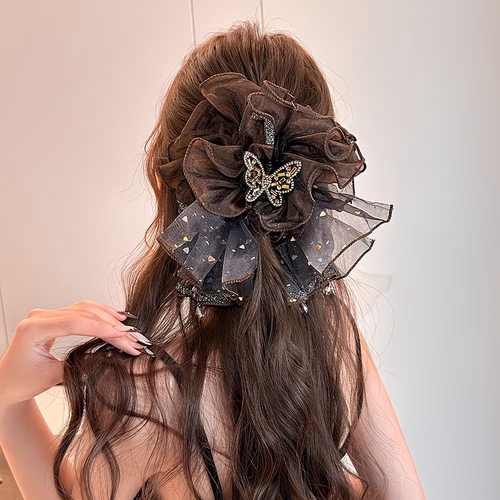 1pc, rhinestone mesh acrylic hair clip, women's retro elegant shiny rhinestone butterfly mesh large updo hair clip, shark clip, suitable for daily and holiday party wear