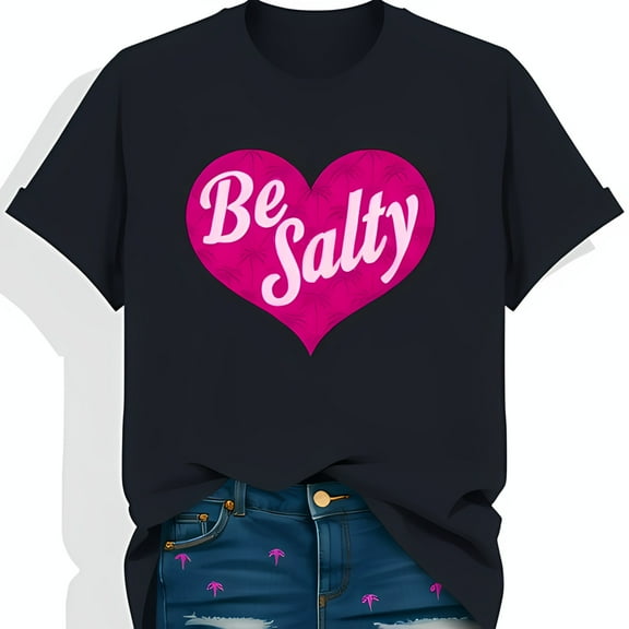 Black Short Sleeved T-Shirt with Large Pink Heart Graphic & Floral Pattern 'Be Salty' Design