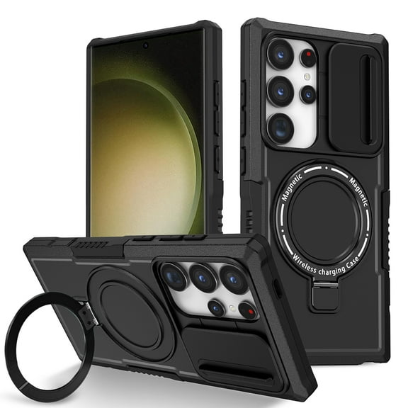 Phone Case for Samsung Galaxy S24 Ultra Magnetic Built in Stand Circle Ring [Compatible with MagSafe] & Slide Camera Military Grade Shockproof Cover [ Black ]