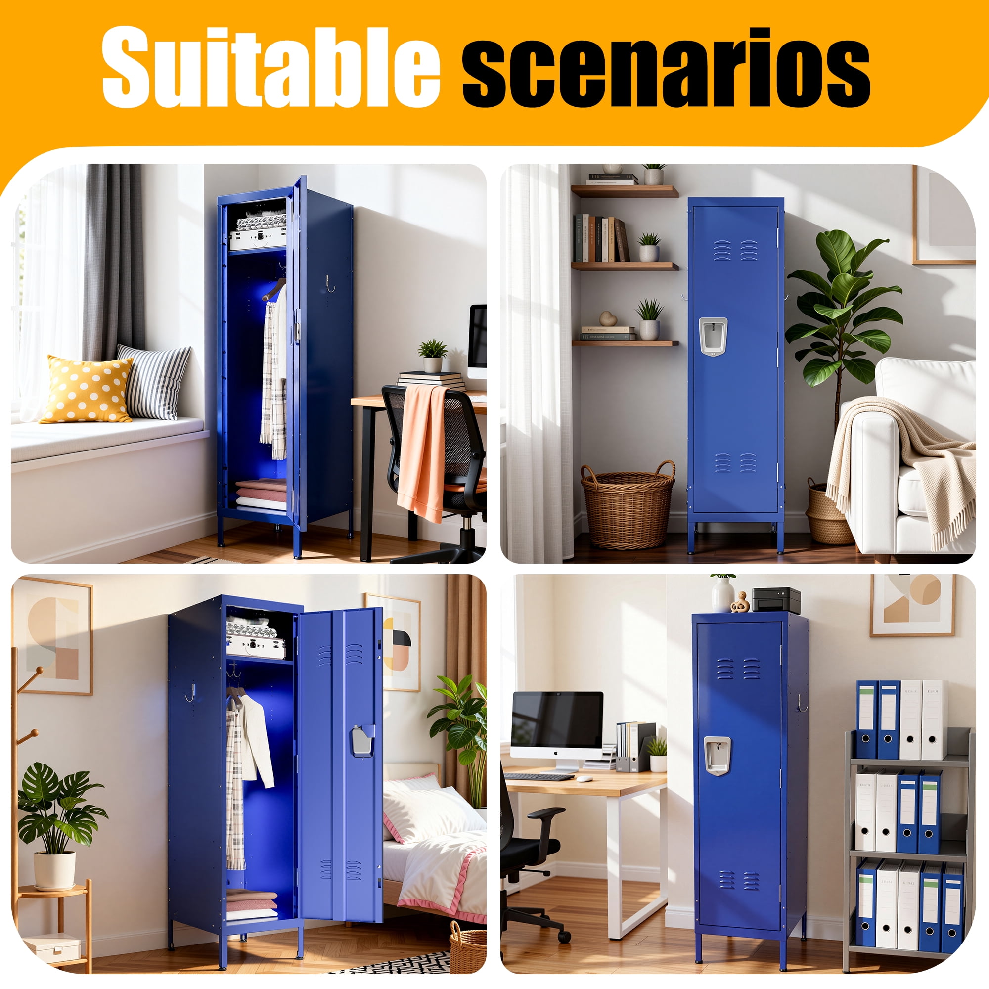 HOQBN 55" Tall Metal Wardrobe Cabinet,Waterproof Steel Clothing Storage Locker with Ventilated Door,Lock & Side Hooks,Vertical Bedroom Wardrobe for Small Apartment Home Office,Blue