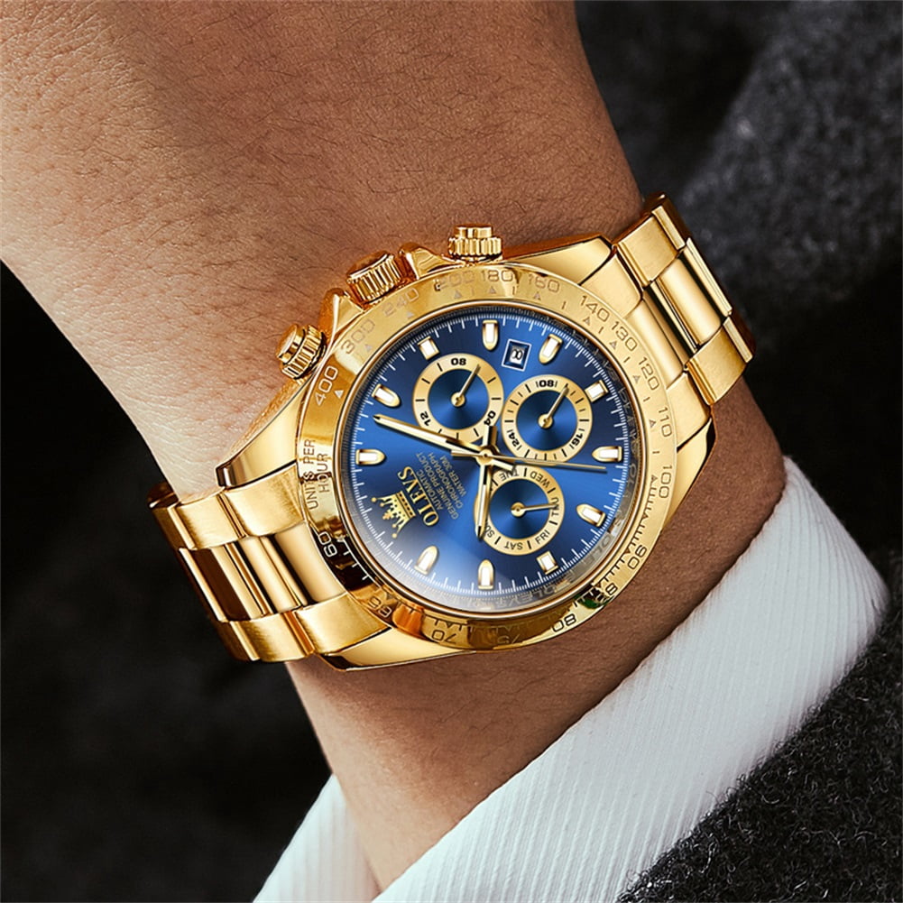 OLEVS Automatic Watches for Men Self Winding Chronograph Mechanical Luxury Dress Stainless Steel Calendar Date Waterproof Luminous Mens Wrist Watches Gift Reloj Para Hombre Gold/Black/Blue/Green Dial