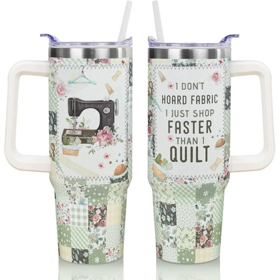30oz Sewing Theme Tumbler with Handle & Straw - Insulated Travel Mug, Quilting Gifts for Women Sewing Lovers - Christmas Birthday Presents for Her, Friends