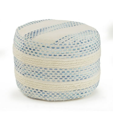 Laddha Home Designs 18" Blue and Cream Tufted Pin Dot Round Pouf Ottoman