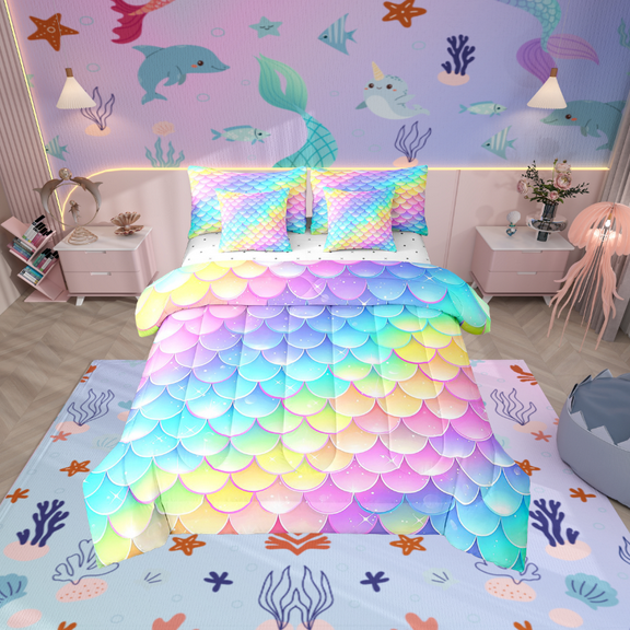 Erosebridal Gradient Scale Bedding Sets Twin Size,Princess Mermaid Comforter Sets with Sheets,Ocean Theme Bed in a Bag Twin size,Ultra Soft Teenager Bedroom Decor,Reversible,7-Piece