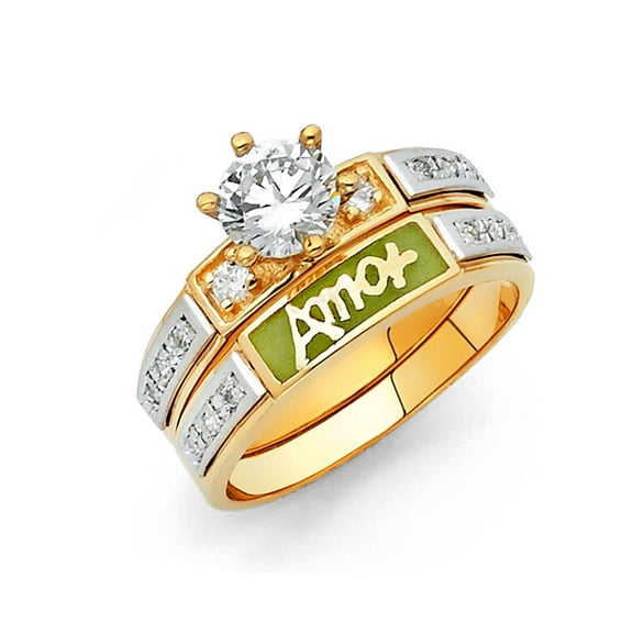 Wellingsale Ladies Solid 14k Two 2 Tone White and Yellow Gold Polished CZ Cubic Zirconia Round Cut Engagement Ring with Side Stones and Green Enamel "Amor" Wedding Band Bridal Set - Size 4