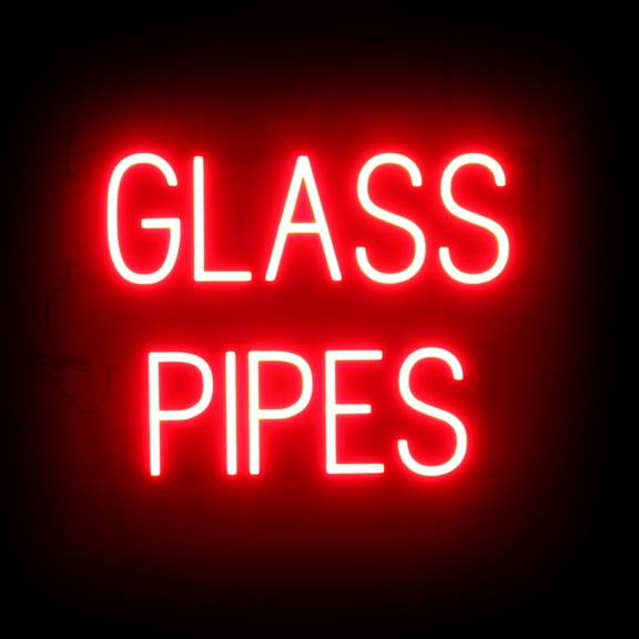 SpellBrite GLASS PIPES LED Sign for Business. 20.7" x 15.0" Red GLASS PIPES Sign Has Neon Sign Look With Energy Efficient LED Light Source. Visible from 500 Feet, 8 Animation Settings.