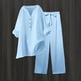 thumbnail image 2 of CIENVNSTG 2 Piece Sets Woman Trendy V-Neck Long Sleeve Linen Shirt Top Drawstring Straight Pants Set Sky Blue XL, 2 of 5