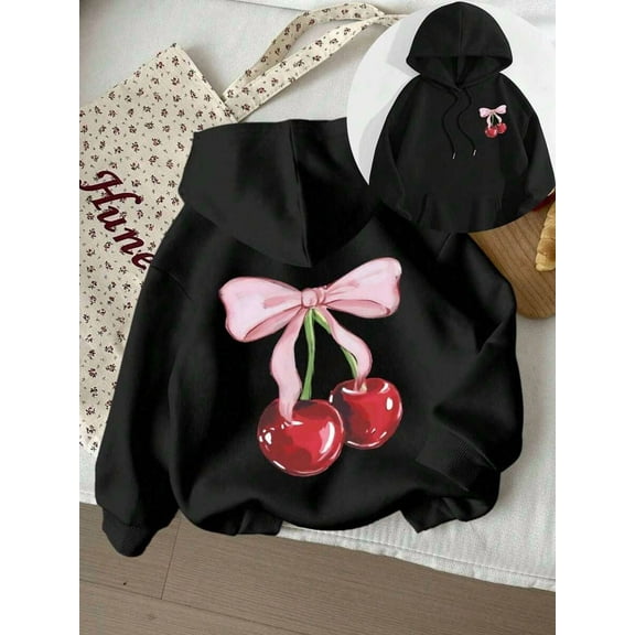 Casual Minimalist Cherry Print Hooded Loose Fit Thick Sweatshirt For Women