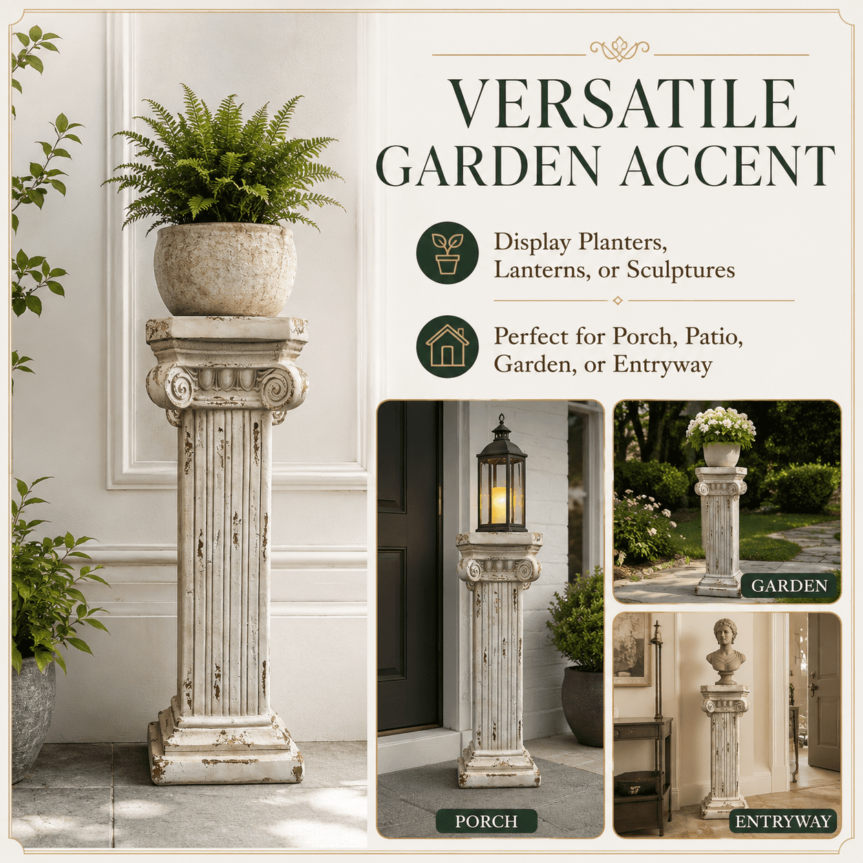 Aukfa 38.18" MGO Roman Column Planter Urn, Antique Garden Pedestal,Antique White
