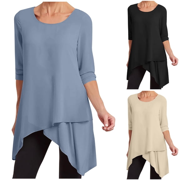Wlynlyn Plus Size Tops for Women Long Sleeve Double Layer Blouses Crewneck Irregular Hem Tunic Tops to Wear with Leggings
