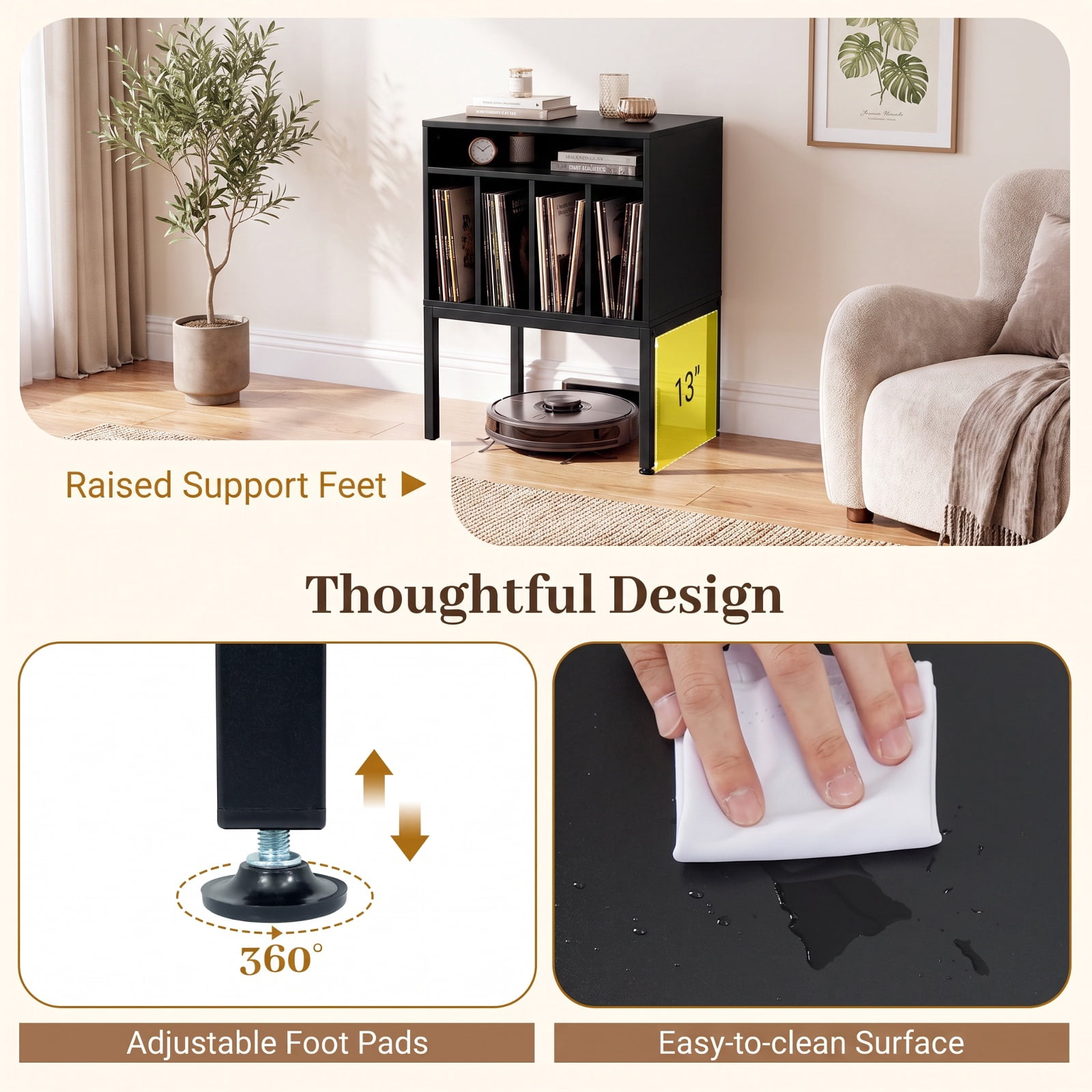 Furnibear Turntable Record Player Stand with Power Outlets USB and Vinyl Storage for Living Room Bedroom and Music Room, Black