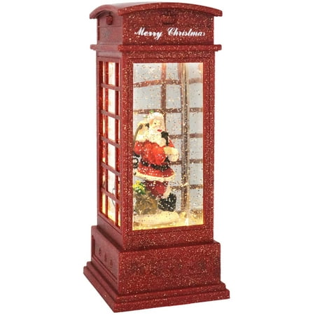 Christmas Snow Globe Lantern With Music & Lights - 10" Tall Water & Glitter Telephone Booth, USB/Battery