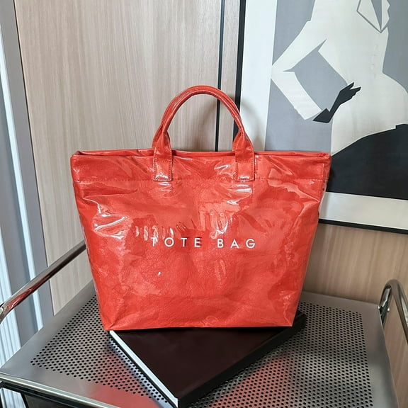 Heavy Duty Tote Bag for Women, Glossy Zipper Print Tote Bag For Commute Travel,Waterproof Kraft Paper Travel Shoulder Bag,Shopping Handbag Plastic Shoulder Bag