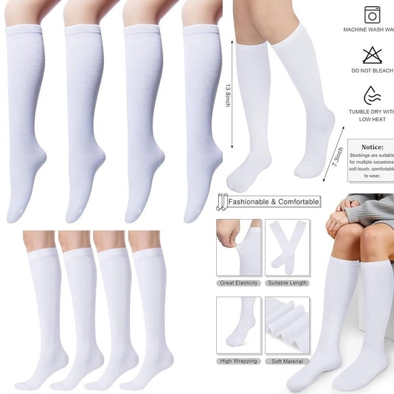 Knee High Socks for Women, Cotton White Long Tube Sock Black Stockings Striped for Boot Outdoor Sport White