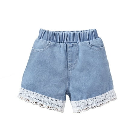 

Kucnuzki 2T Toddler Girl Summer Shorts 3T Elastic Lacer Solid Color Cozy Casual Basic Denim Shorts Blue