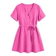 thumbnail image 4 of Women's Summer Cotton Linen Wrap V-Neck Mini Dress Short Sleeve Waist Tie Flowy A-Line Casual Swing Dress for Beach Daily Wear Hot Pink S(S), 4 of 7