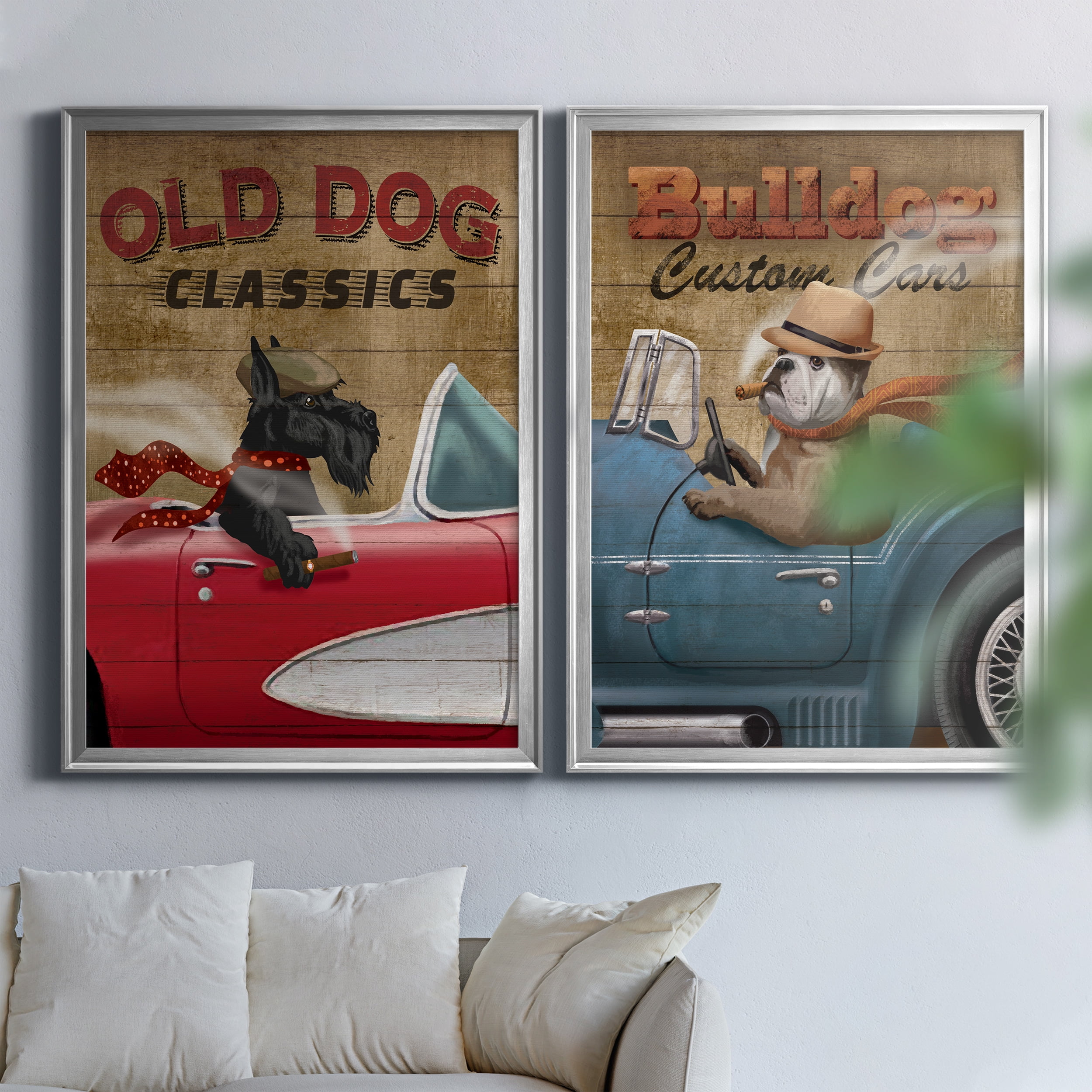 2 Piece Set Old Dog Classics Premium Framed Canvas - Ready to Hang - 26.5 x 36.5 Each - Silver Frame