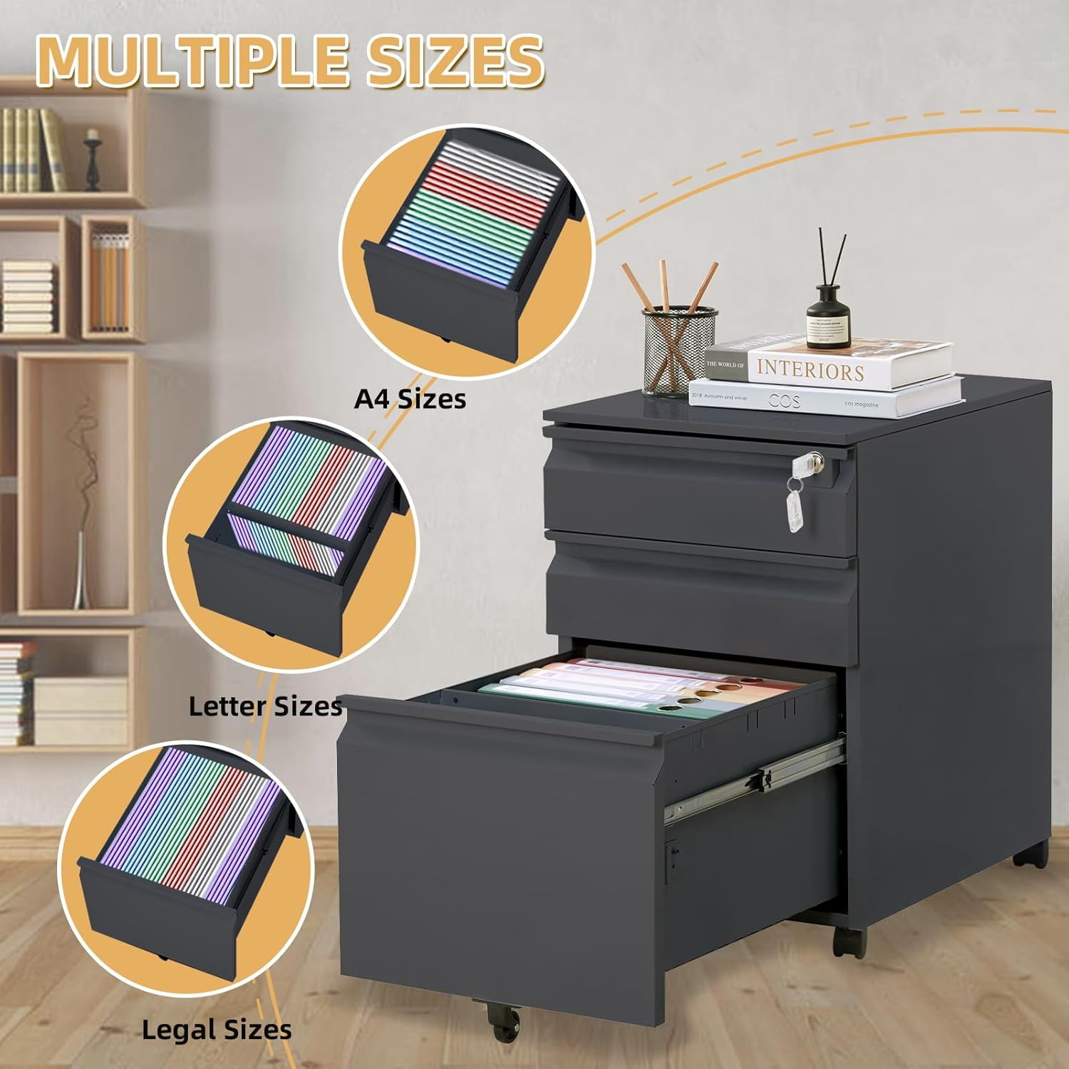 M optimized File Cabinets for Home Office Organizer, 3 Drawer Mobile File Cabinet with Lock & Anti-Tip Wheel, Under Desk Metal Filing Cabinets for Letters/Legal/A4