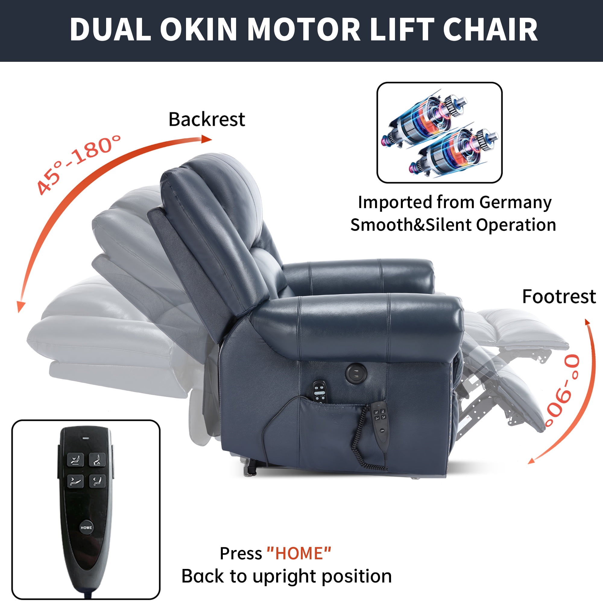 LEGAHOME Genuine Leather Power Lift Recliner Chair, Electric Infinite Position Lift Chair for Elderly with Heated and Massage, Reclining Sofa with USB Charging Port and Dual Motor, Blue