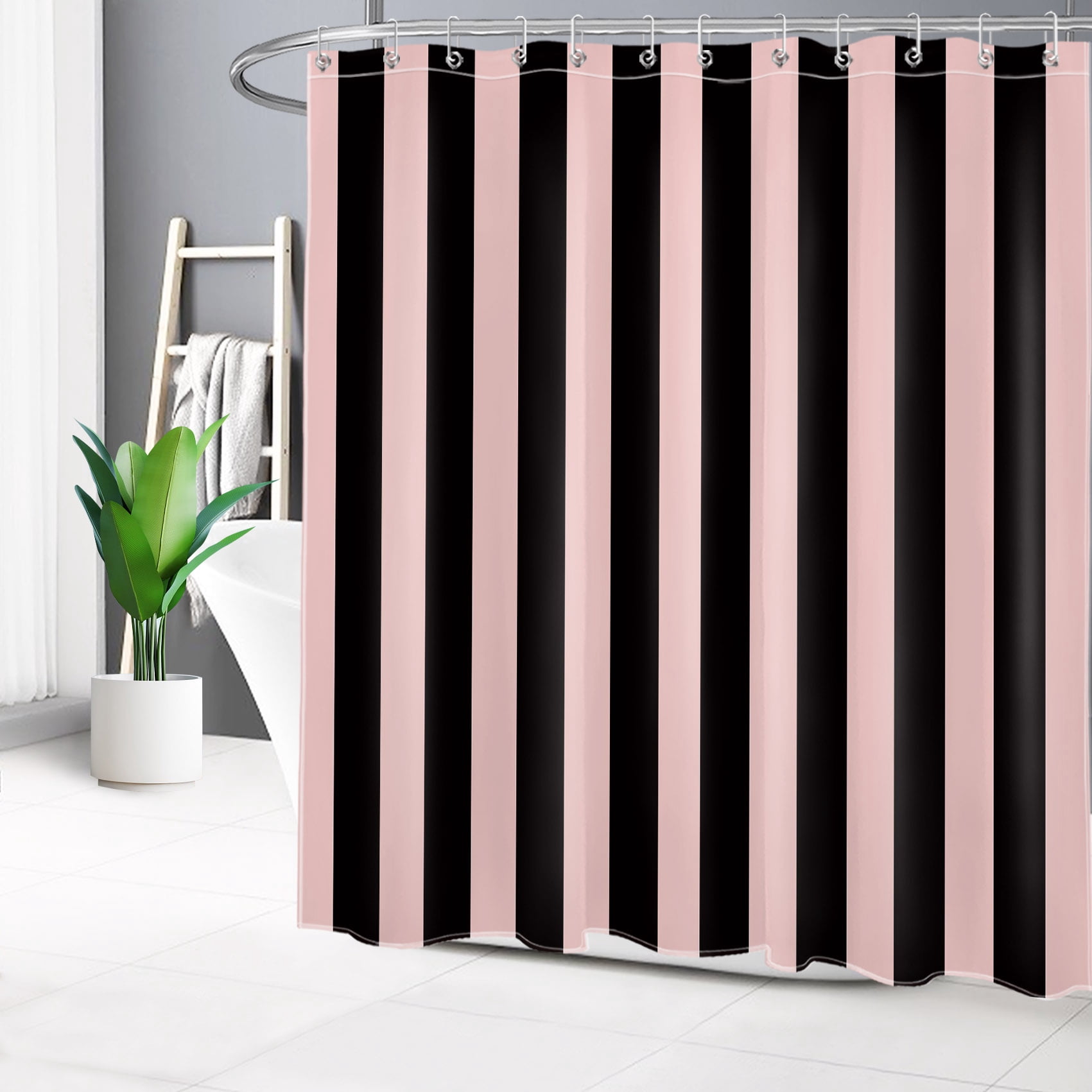 NEONWE Black and Pink Striped Shower Curtain, Modern Watercolor Stripe Waterproof Bathroom Shower Curtain with Hooks, Machine Washable, 72" x 72"