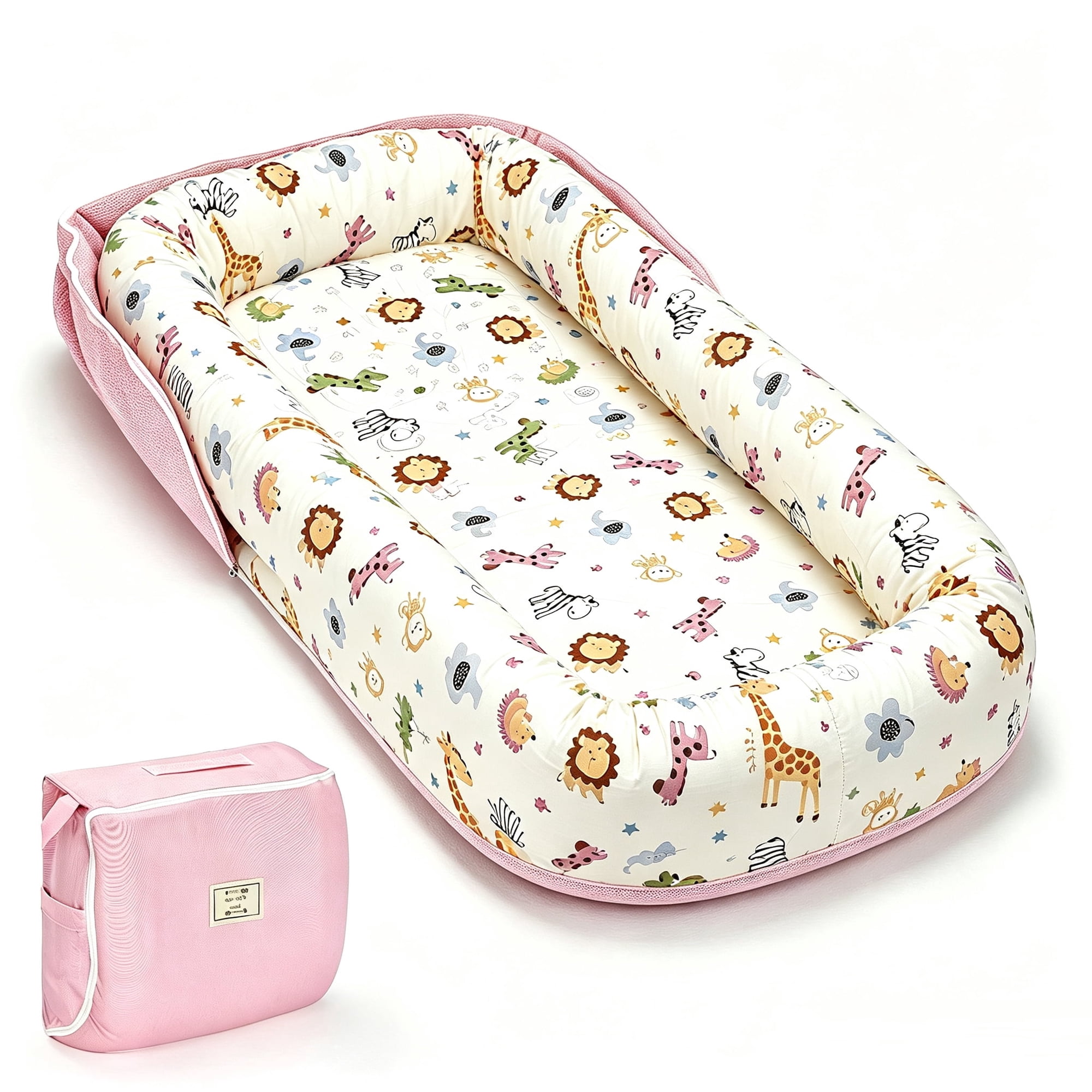 Loevin Baby Lounger for Newborn, Portable Breathable Infant Lounger for 0-24 Months Toddler, Adjustable Size Home Travel Dual-Purpose Baby Nest (Animal Pink)