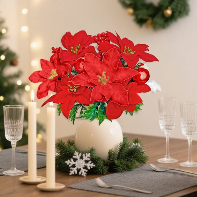 Uklsqma Bouquet de Fleurs Artificielles Rouges de Noël à 7 Fourches / Fleurs en Soie Réalistes avec Verdure / Tissu en Flanelle Fait Main / Décoration de Vacances Durable / Centre de Table de Mariage / Décoration Maison