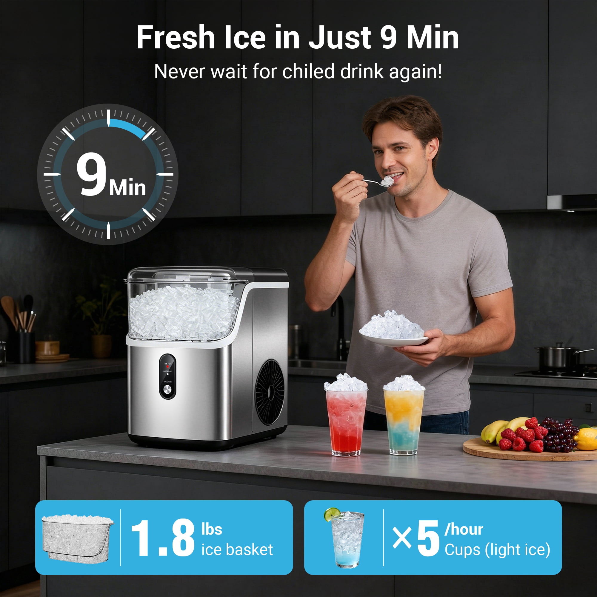 Snowyermine 35lb Nugget Ice Maker Portable Countertop, Pebble Crushed Soft Chewable Ice Maker Machine, Stainless Steel
