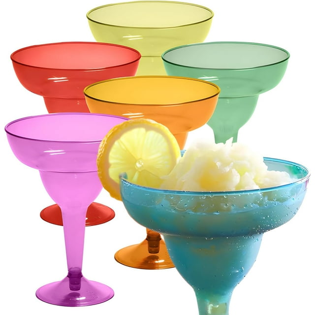 48 Plastic Margarita Glasses - 12 oz - Hard Assorted Colours Plastic Cocktail Cups - Disposable Party Cups - Large Margarita Glasses - Cocktail Coupe