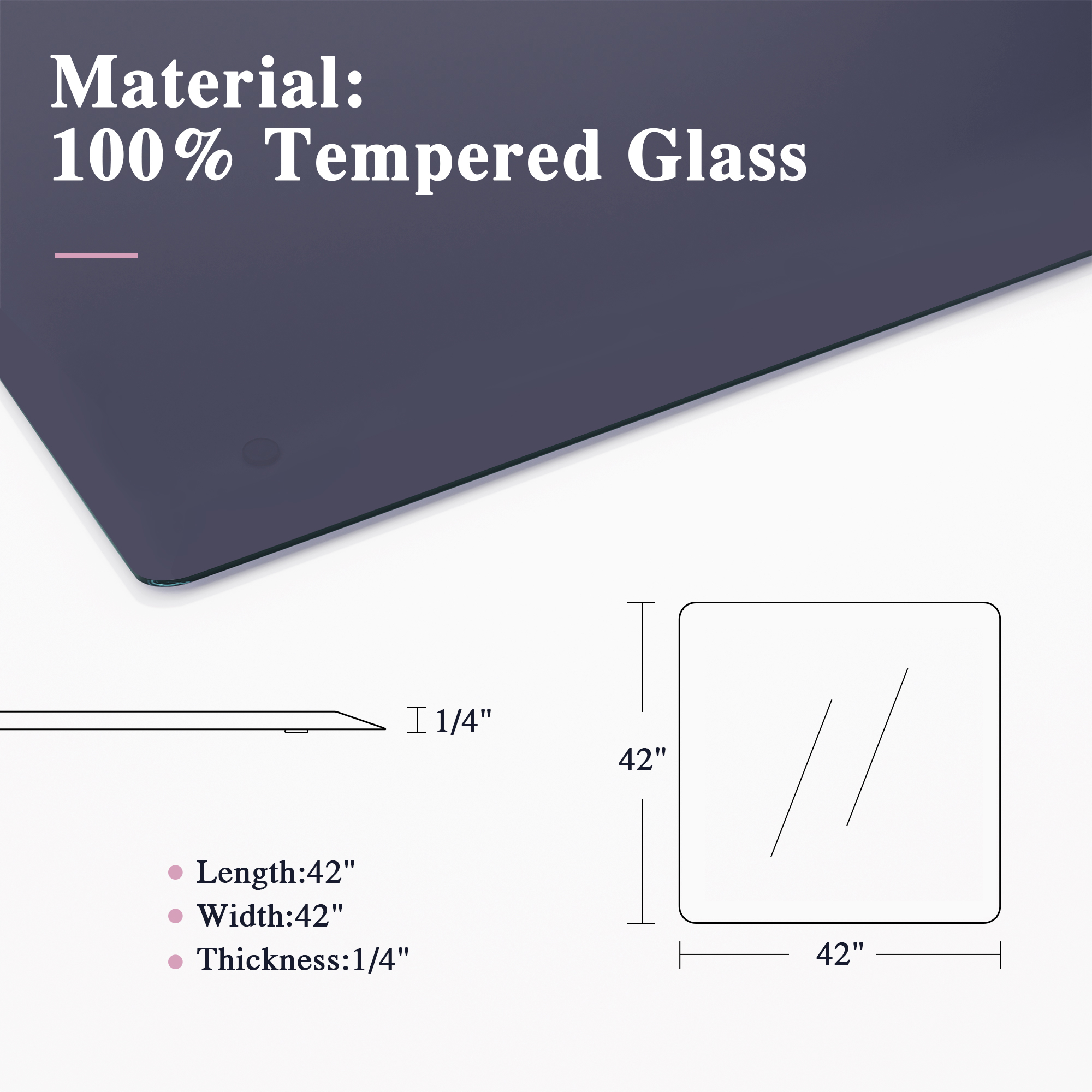 42"x42" Rectangle Gray Glass Floor Mat with Anti-slip Function,6mm Thick