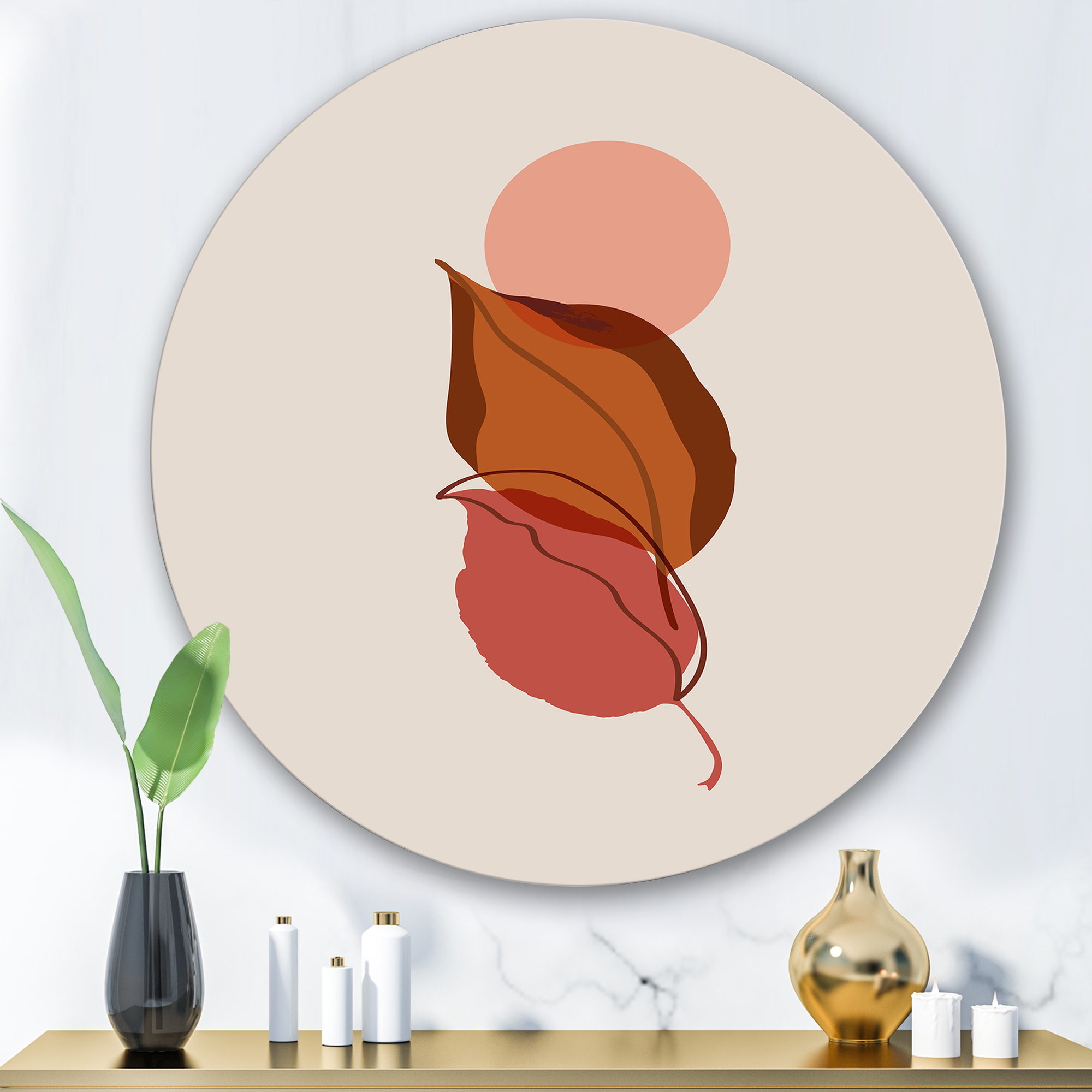 Designart 'A Red Full Moon Over Two Autumn Leaves' Modern Circle Metal Wall Art 29x29 - Disc of 29