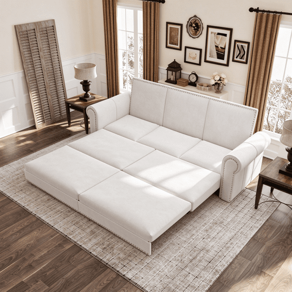 93.7" Chesterfield 3-in-1 Convertible Pull Out Sofa Bed with Nailhead Trim and Rolled Arm, King Size Velvet Sleeper Couch with Tufted Design for Living Room, Beige and White